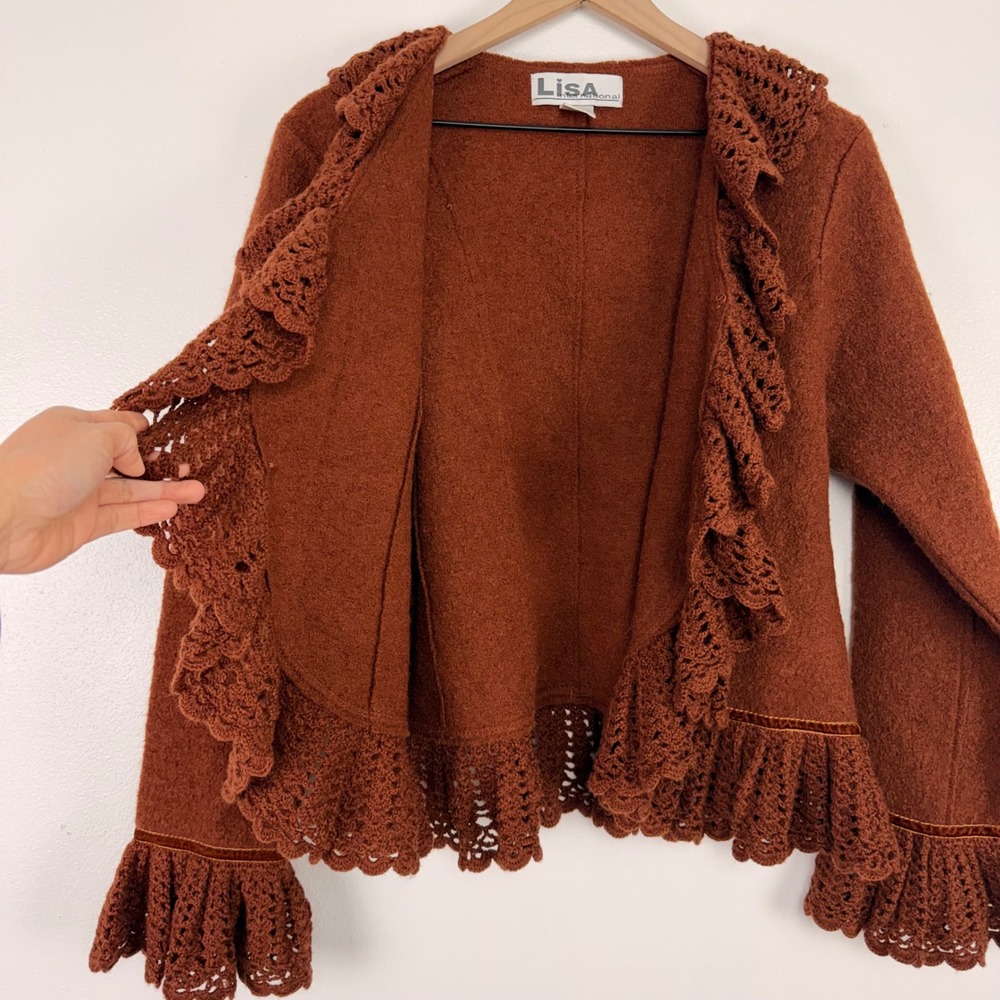 Vtg Lisa International Boiled Wool Blazer Jacket‎ M Crochet Ruffle V-Neck Brown - Picture 6 of 16